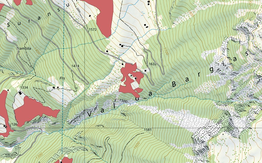 Landeskarte swisstopo mit dem Schutzperimeter von Samest Sut (Trockenwiese)