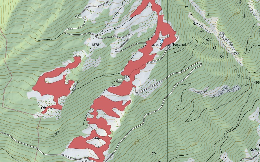 swisstopo national map showing the protected perimeter of Sämsu (Dry meadow)