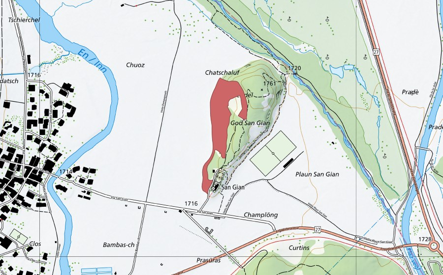 Landeskarte swisstopo mit dem Schutzperimeter von San Gian (Trockenwiese)