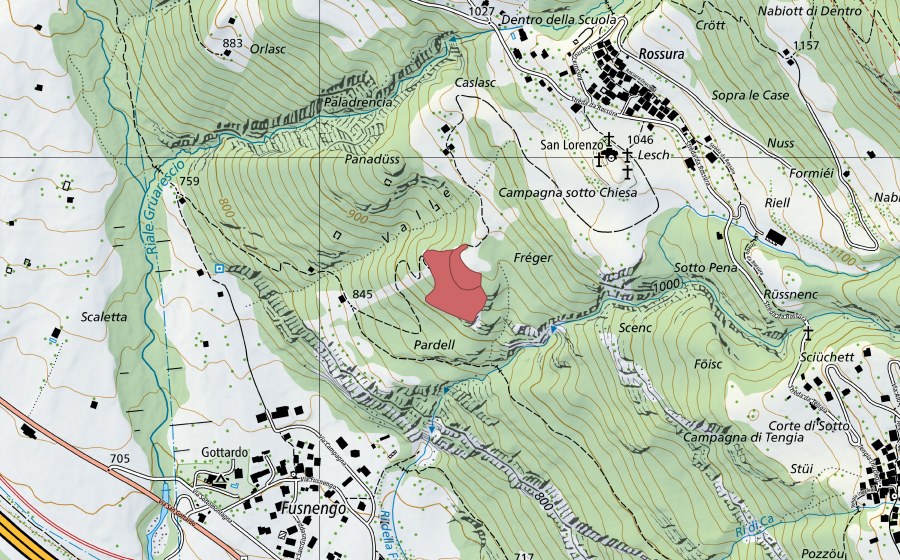 Landeskarte swisstopo mit dem Schutzperimeter von San Lorenzo (Trockenwiese)