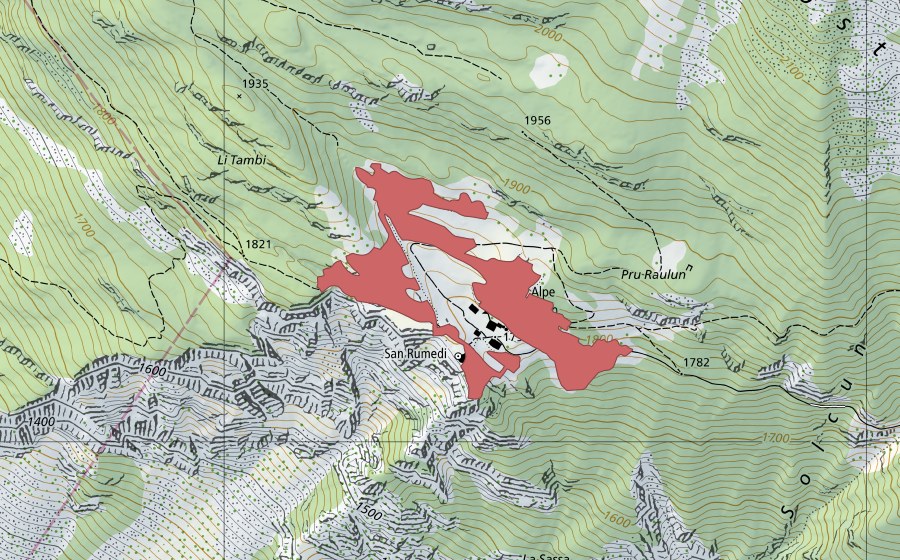 Landeskarte swisstopo mit dem Schutzperimeter von San Romerio (Trockenwiese)