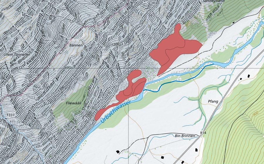 Carte nationale swisstopo avec le périmètre protégé de Sandey (Prairie sèche)