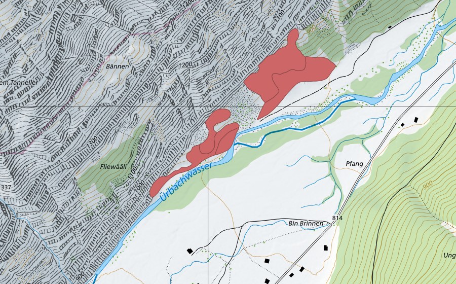 Carte nationale swisstopo avec le périmètre protégé de Sandey (Prairie sèche)