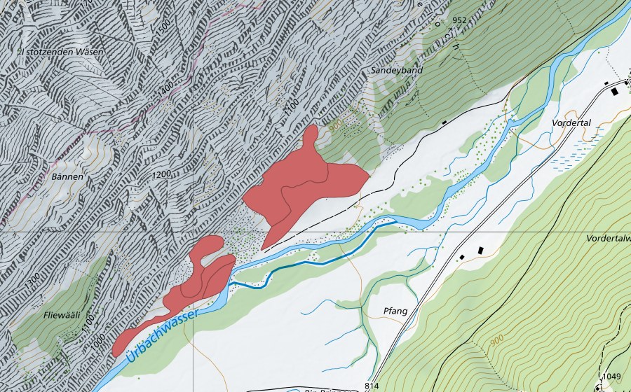 Carte nationale swisstopo avec le périmètre protégé de Sandey (Prairie sèche)