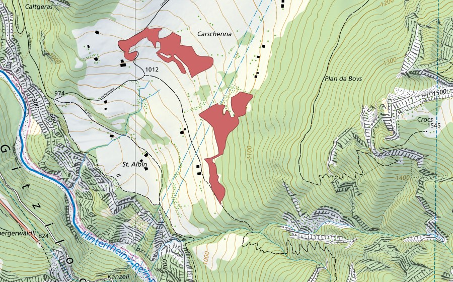 Carte nationale swisstopo avec le périmètre protégé de Sant Albin (Prairie sèche)