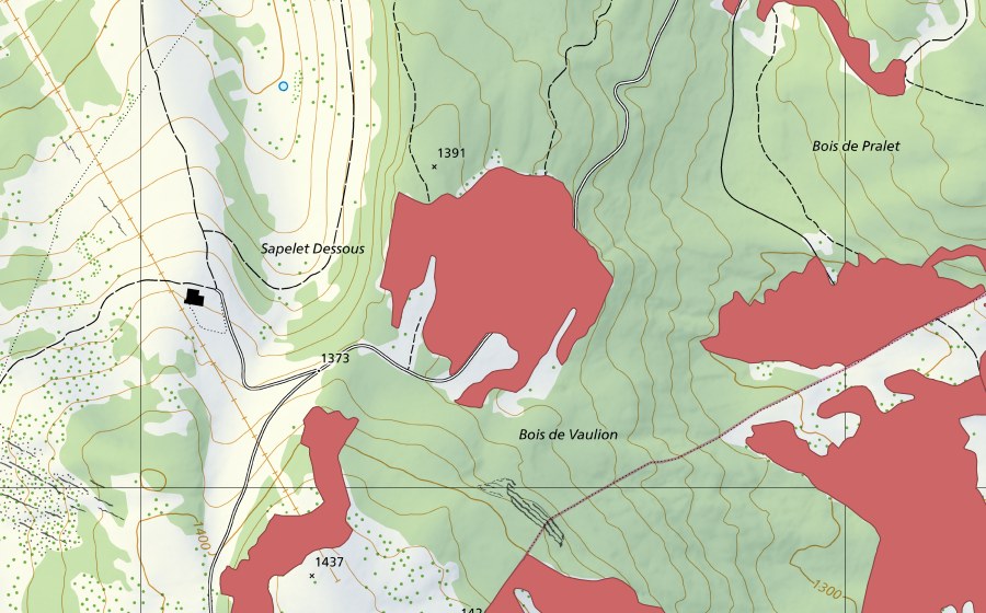 Carte nationale swisstopo avec le périmètre protégé de Sapelet Dessous (Prairie sèche)