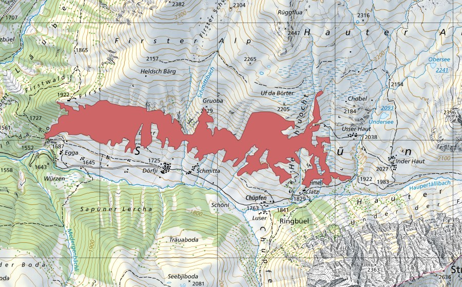 swisstopo national map showing the protected perimeter of Sapün (Dry meadow)