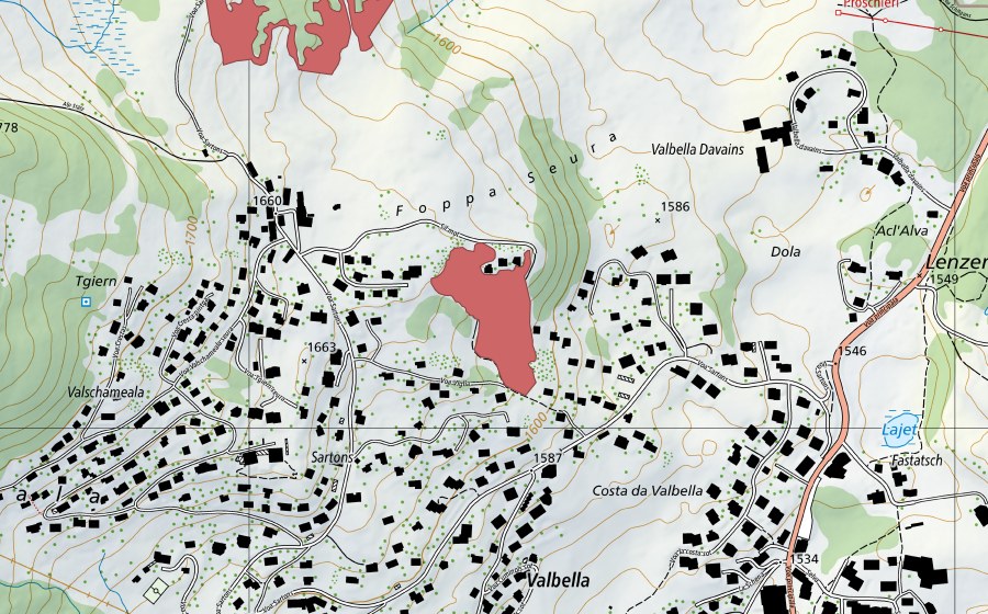 swisstopo national map showing the protected perimeter of Sartons (Dry meadow)