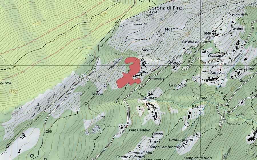 Carte nationale swisstopo avec le périmètre protégé de Sasséll (Prairie sèche)