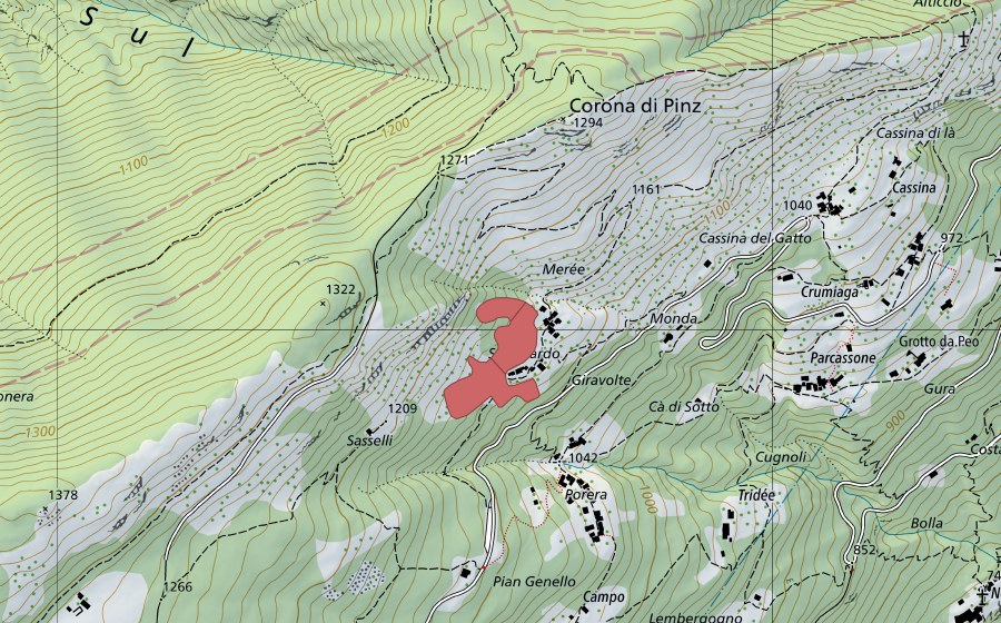 Carta nazionale swisstopo con il perimetro protetto di Sasséll (Prato secco)