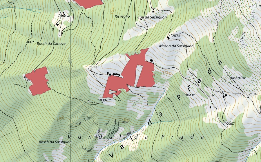 Carte nationale swisstopo avec le périmètre protégé de Sassiglion (Prairie sèche)