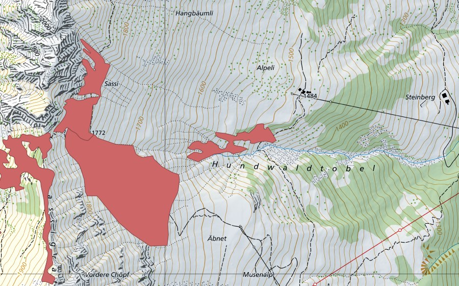 Landeskarte swisstopo mit dem Schutzperimeter von Sassigrat (Trockenwiese)
