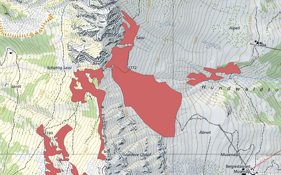 Landeskarte swisstopo mit dem Schutzperimeter von Sassigrat (Trockenwiese)