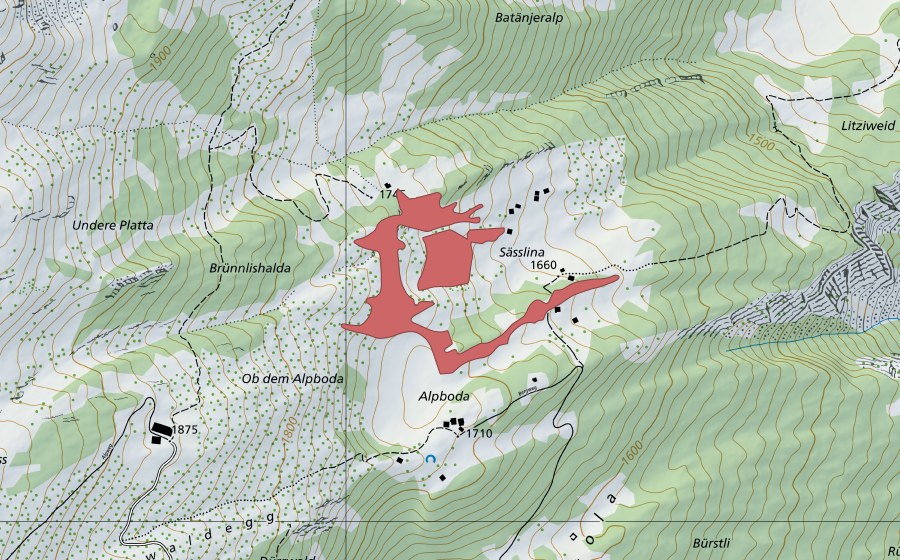 Carte nationale swisstopo avec le périmètre protégé de Sässlina (Prairie sèche)