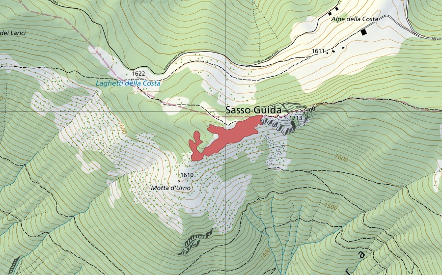 Carte nationale swisstopo avec le périmètre protégé de Sasso Guidà (Prairie sèche)