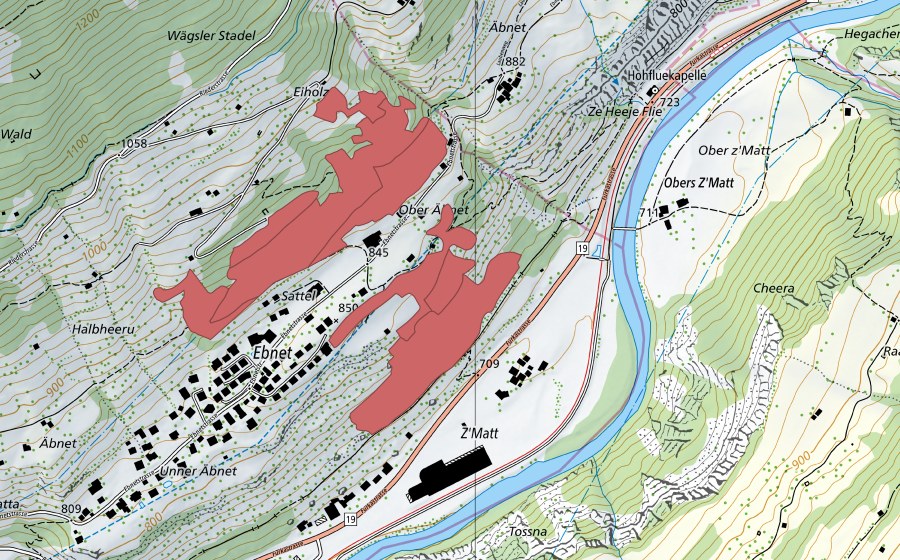 Carte nationale swisstopo avec le périmètre protégé de Sattel (Prairie sèche)