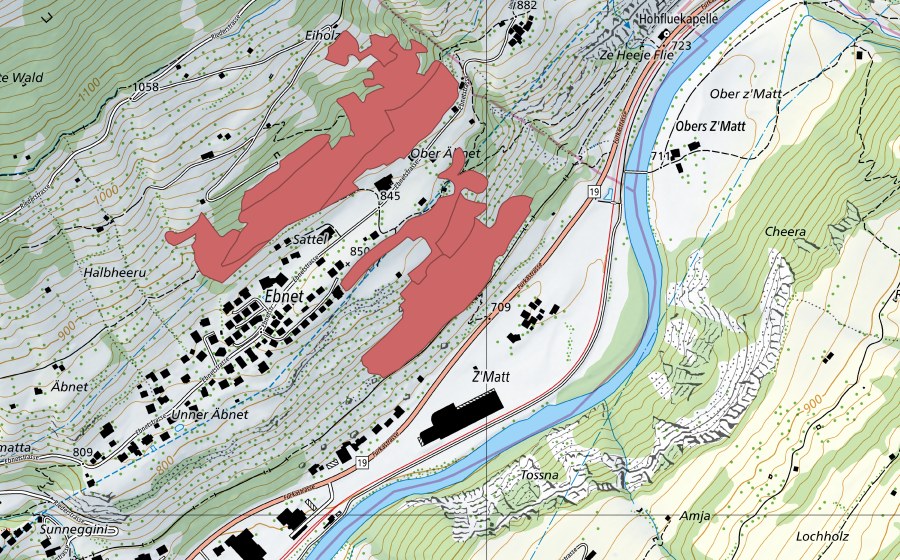 swisstopo national map showing the protected perimeter of Sattel (Dry meadow)