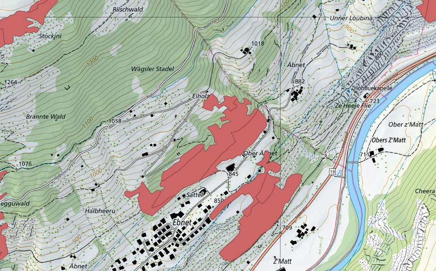 Landeskarte swisstopo mit dem Schutzperimeter von Sattel (Trockenwiese)