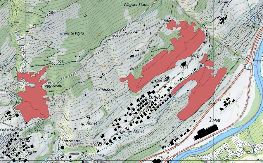 Landeskarte swisstopo mit dem Schutzperimeter von Sattel (Trockenwiese)
