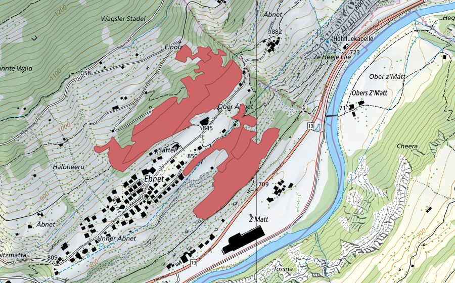 Carte nationale swisstopo avec le périmètre protégé de Sattel (Prairie sèche)