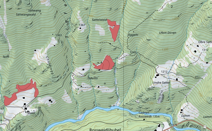 Landeskarte swisstopo mit dem Schutzperimeter von Sattelweid (Trockenwiese)