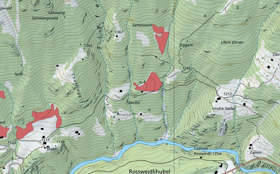 Landeskarte swisstopo mit dem Schutzperimeter von Sattelweid (Trockenwiese)