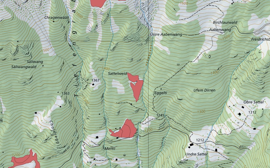 swisstopo national map showing the protected perimeter of Sattelweid (Dry meadow)