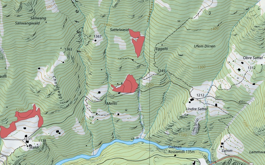 swisstopo national map showing the protected perimeter of Sattelweid (Dry meadow)