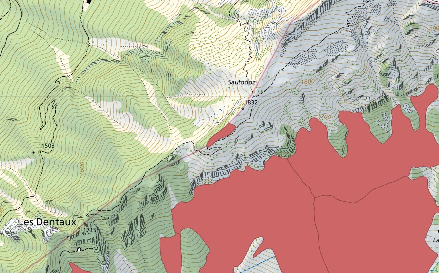 Carte nationale swisstopo avec le périmètre protégé de Sautodoz (Prairie sèche)