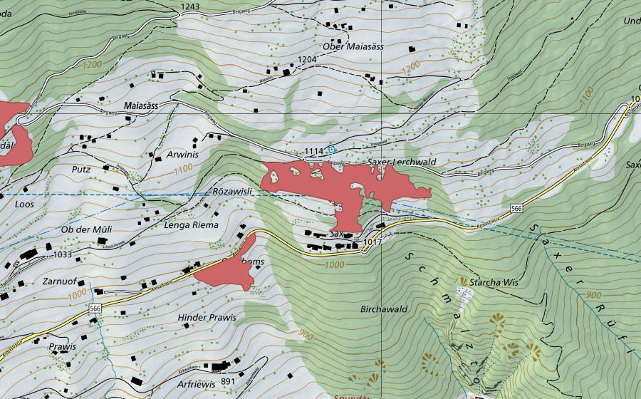 Landeskarte swisstopo mit dem Schutzperimeter von Sax (Trockenwiese)