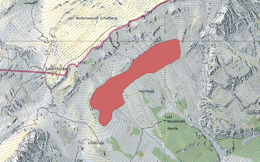 Landeskarte swisstopo mit dem Schutzperimeter von Saxer Heuberge (Trockenwiese)