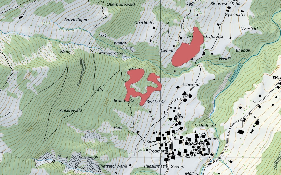 Landeskarte swisstopo mit dem Schutzperimeter von Saxeten (Trockenwiese)