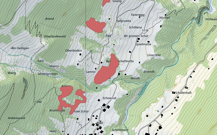 swisstopo national map showing the protected perimeter of Saxeten (Dry meadow)