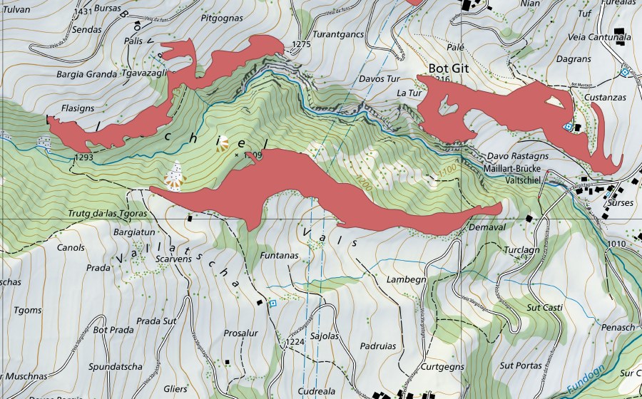 swisstopo national map showing the protected perimeter of Scarvens (Dry meadow)