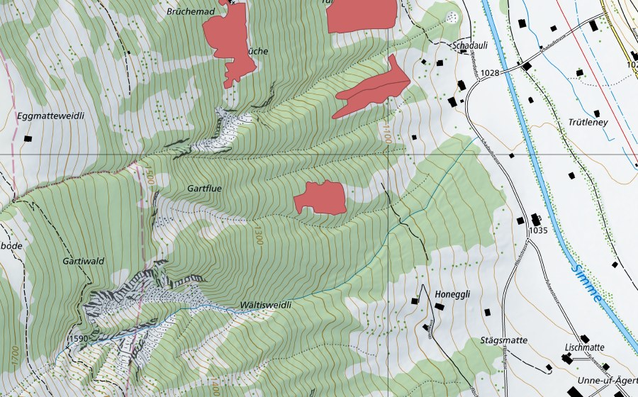 Carte nationale swisstopo avec le périmètre protégé de Schadauli (Prairie sèche)