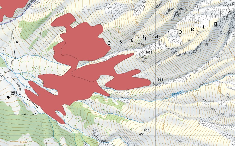 Landeskarte swisstopo mit dem Schutzperimeter von Schafberg (Trockenwiese)