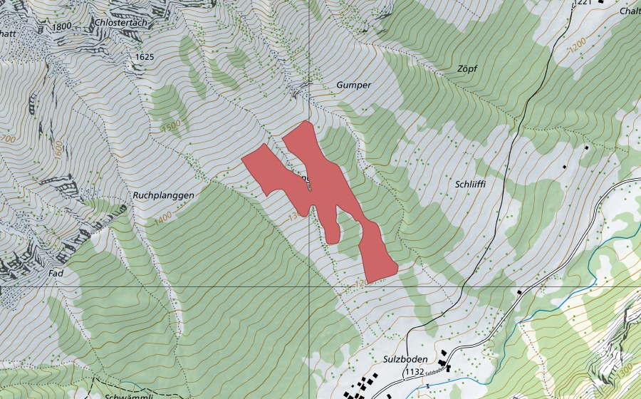 swisstopo national map showing the protected perimeter of Schafplänggen (Dry meadow)