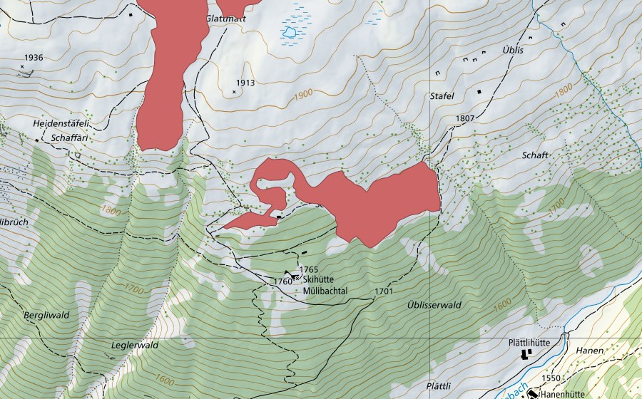 Carte nationale swisstopo avec le périmètre protégé de Schaft (Prairie sèche)