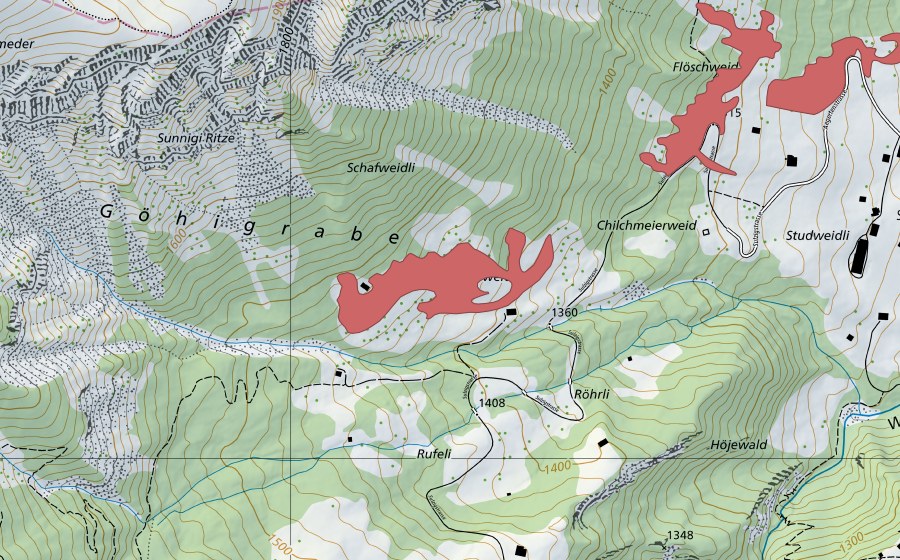 Landeskarte swisstopo mit dem Schutzperimeter von Schafweidli (Trockenwiese)