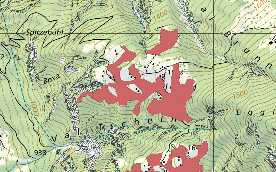 Landeskarte swisstopo mit dem Schutzperimeter von Schall Grond (Trockenwiese)