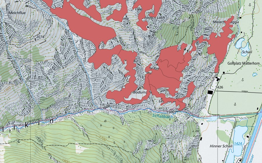 Carte nationale swisstopo avec le périmètre protégé de Schalubärg (Prairie sèche)