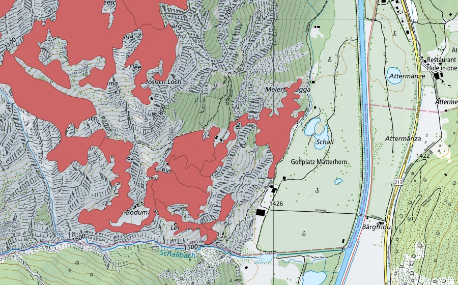Carte nationale swisstopo avec le périmètre protégé de Schalubärg (Prairie sèche)