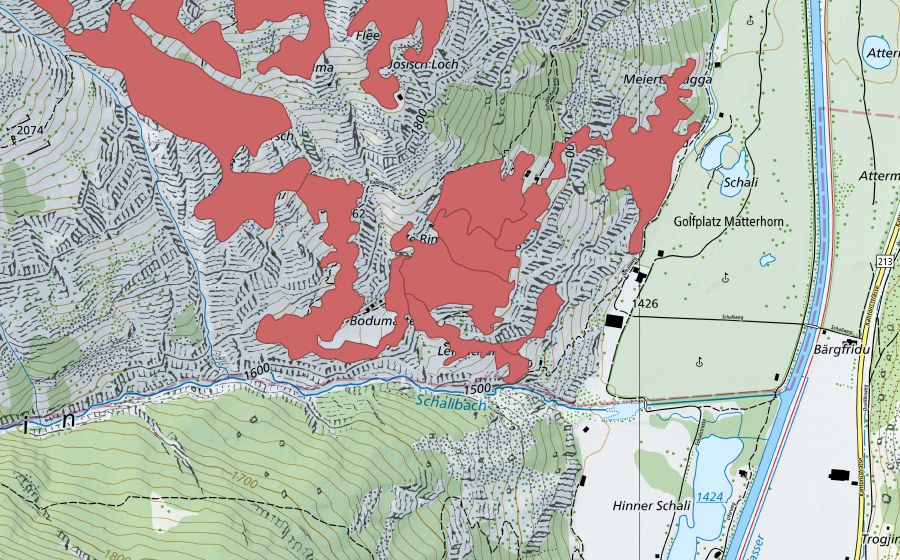 swisstopo national map showing the protected perimeter of Schalubärg (Dry meadow)