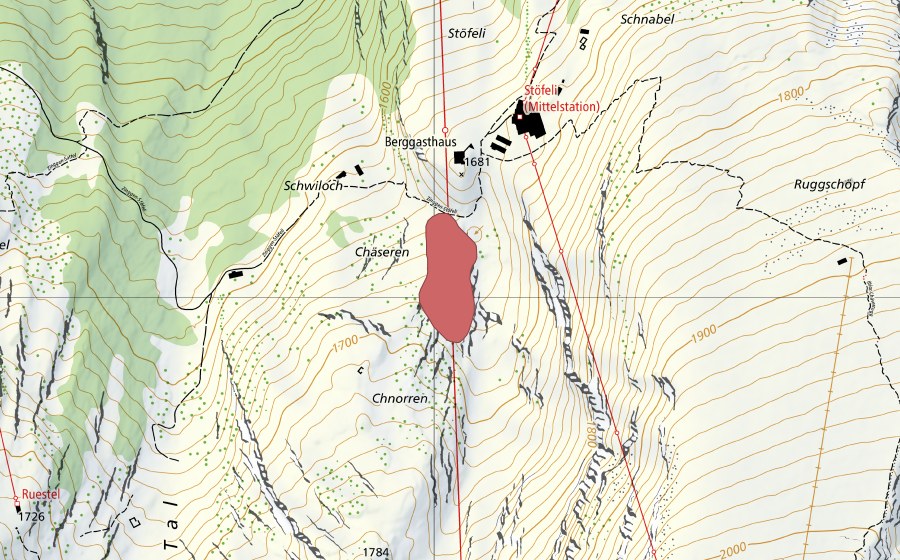 Carte nationale swisstopo avec le périmètre protégé de Schären (Prairie sèche)
