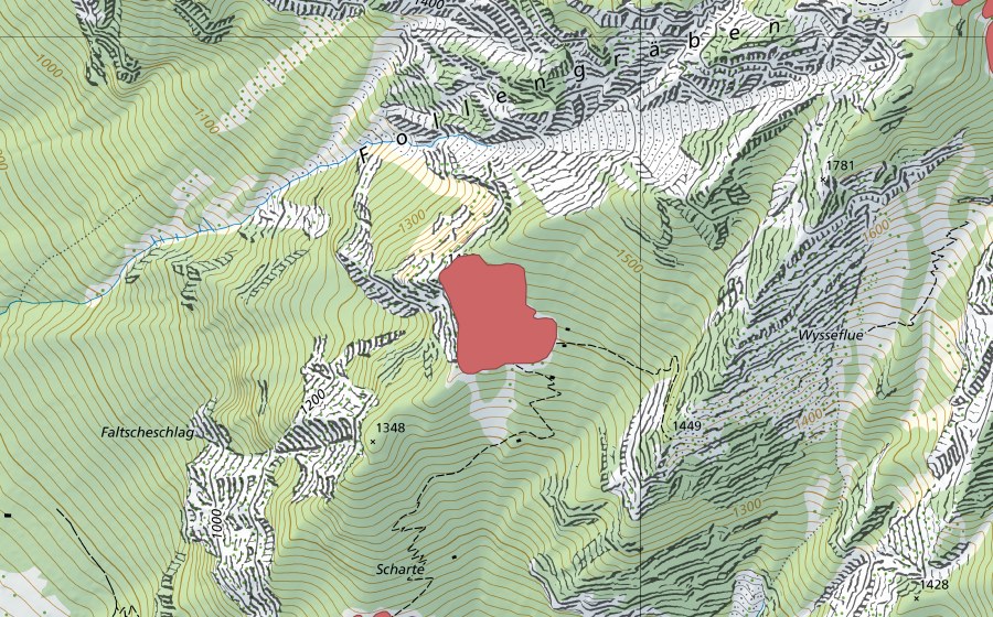 swisstopo national map showing the protected perimeter of Scharte (Dry meadow)