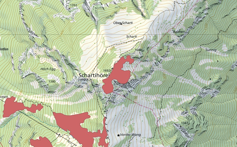 Carte nationale swisstopo avec le périmètre protégé de Schartihöreli (Prairie sèche)