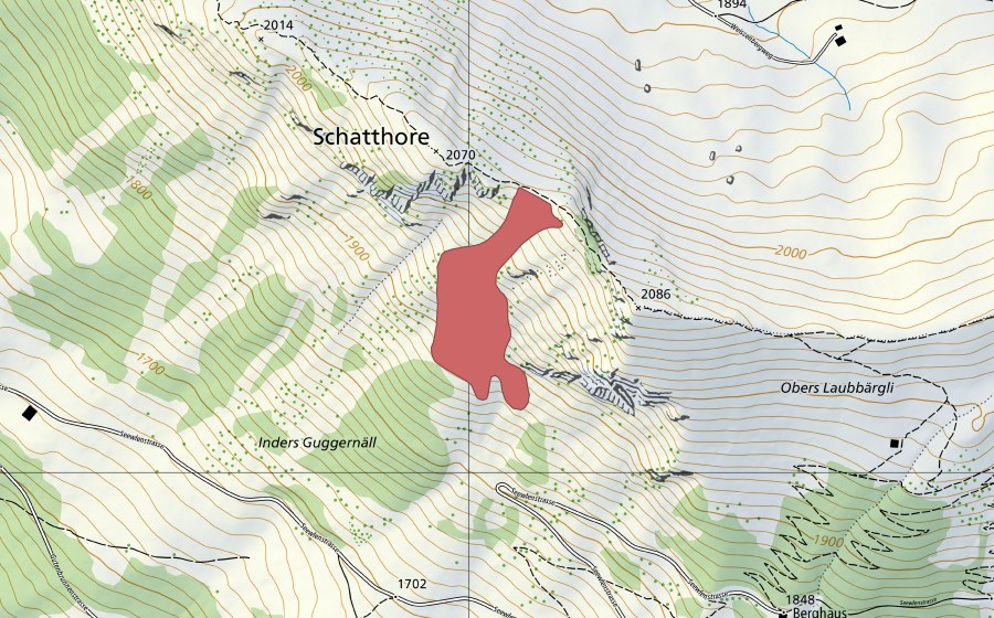 Carte nationale swisstopo avec le périmètre protégé de Schatthore (Prairie sèche)