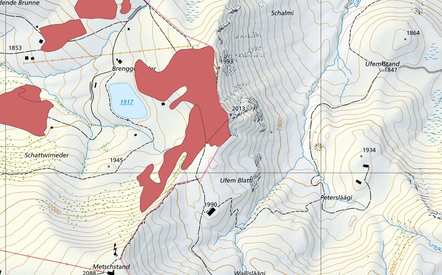 Carte nationale swisstopo avec le périmètre protégé de Schattwimeder (Prairie sèche)