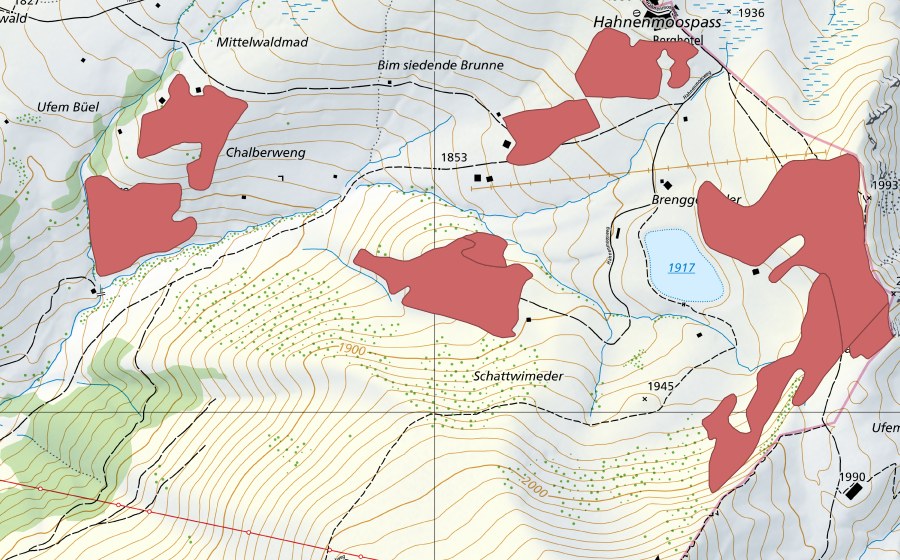 Carte nationale swisstopo avec le périmètre protégé de Schattwimeder (Prairie sèche)