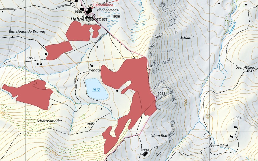 Carte nationale swisstopo avec le périmètre protégé de Schattwimeder (Prairie sèche)